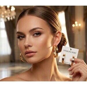 🔥 NEW -Sensitive Skin Sterling Post Gold Tone Large Elegant Hoop Earrings